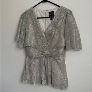 Adrianna Papell Shimmering Silver Metallic Holiday Blouse, Wrap Front